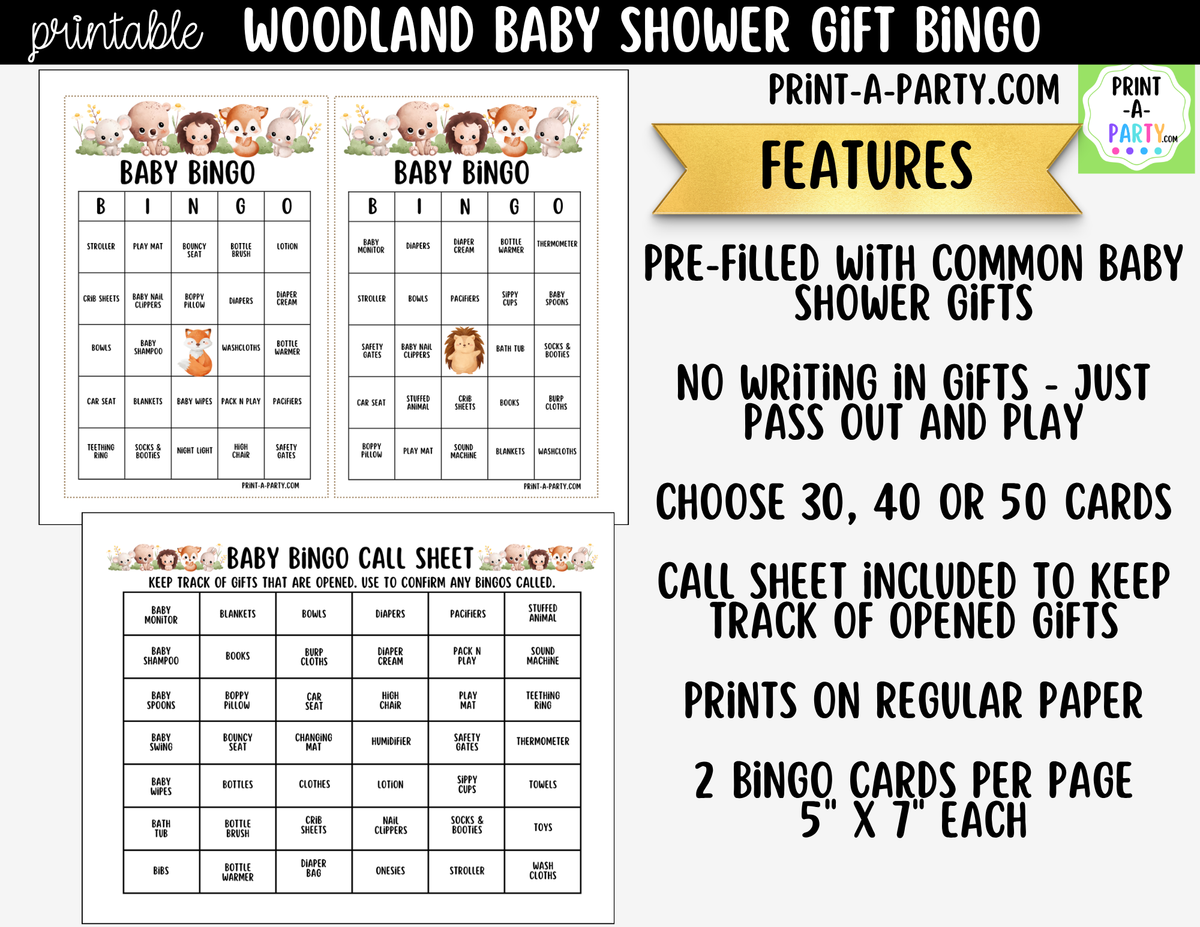 Woodland Baby Shower Gift Bingo Printable Pre-Filled