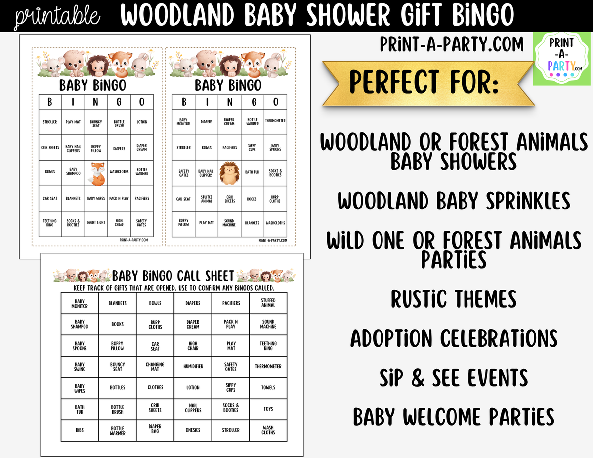 Woodland Baby Shower Gift Bingo Printable Pre-Filled