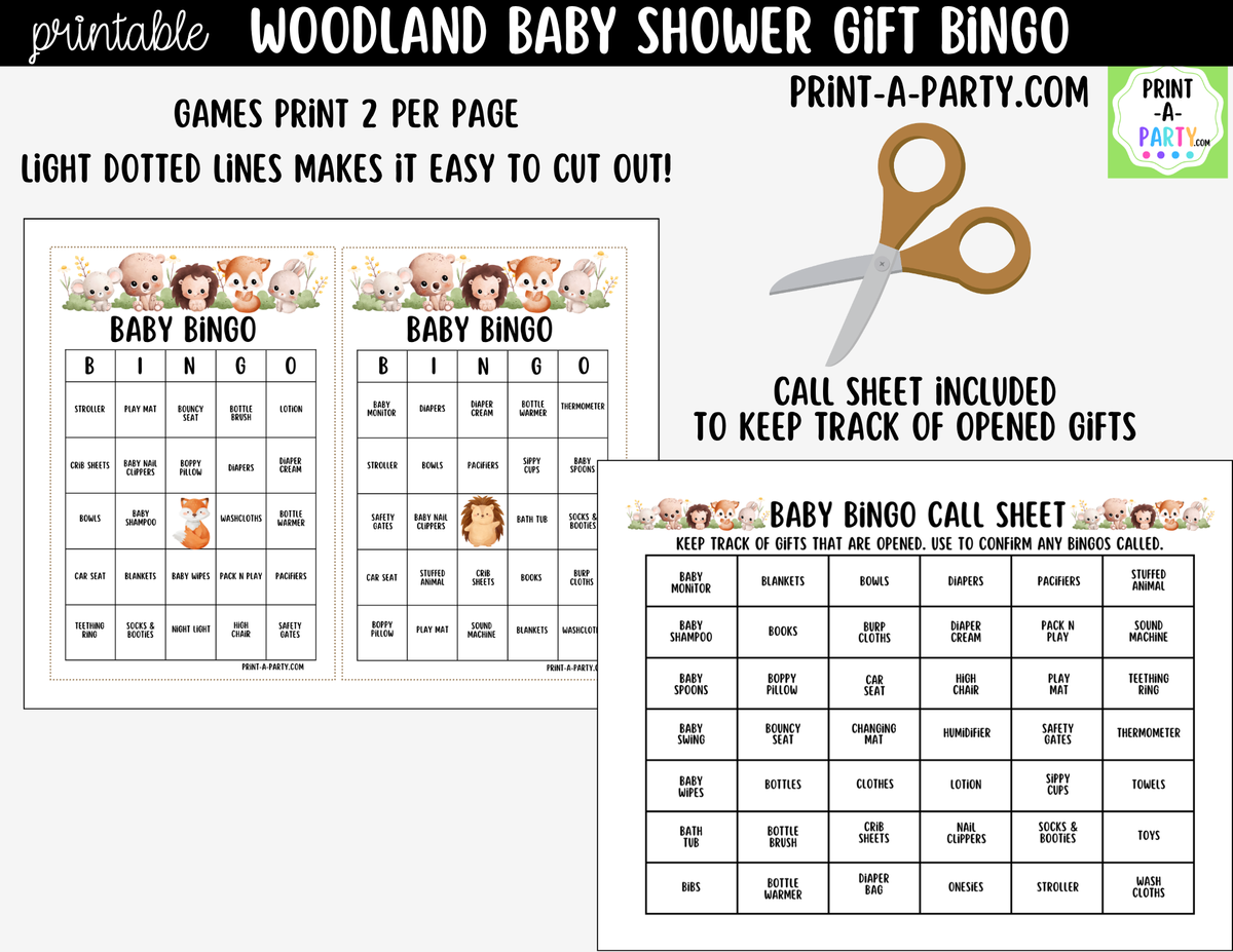 Woodland Baby Shower Gift Bingo Printable Pre-Filled