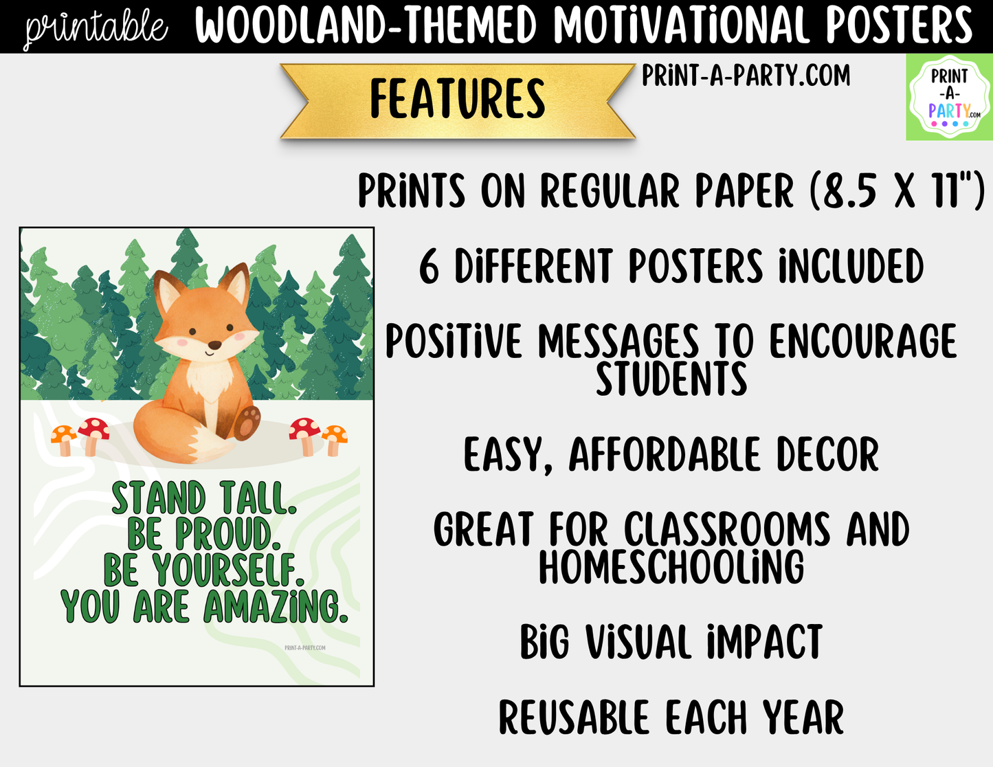 Woodland Forest Animal-Themed Motivational Posters - Printable Classroom Decor, Growth Mindset Quotes, Nature theme