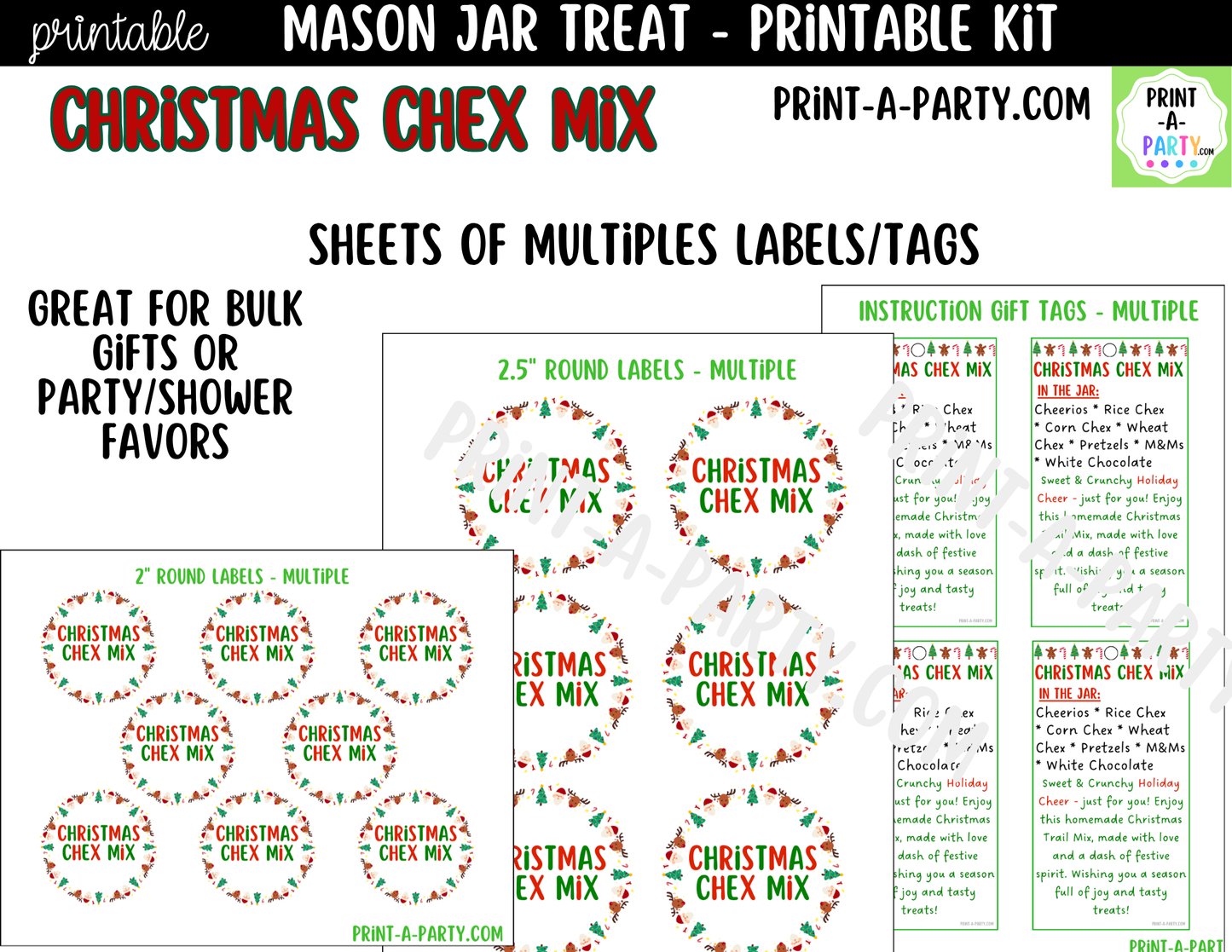 Christmas Chex Mix in a Mason Jar Gift Printable Kit - Labels, Tag, Recipe & Instructions