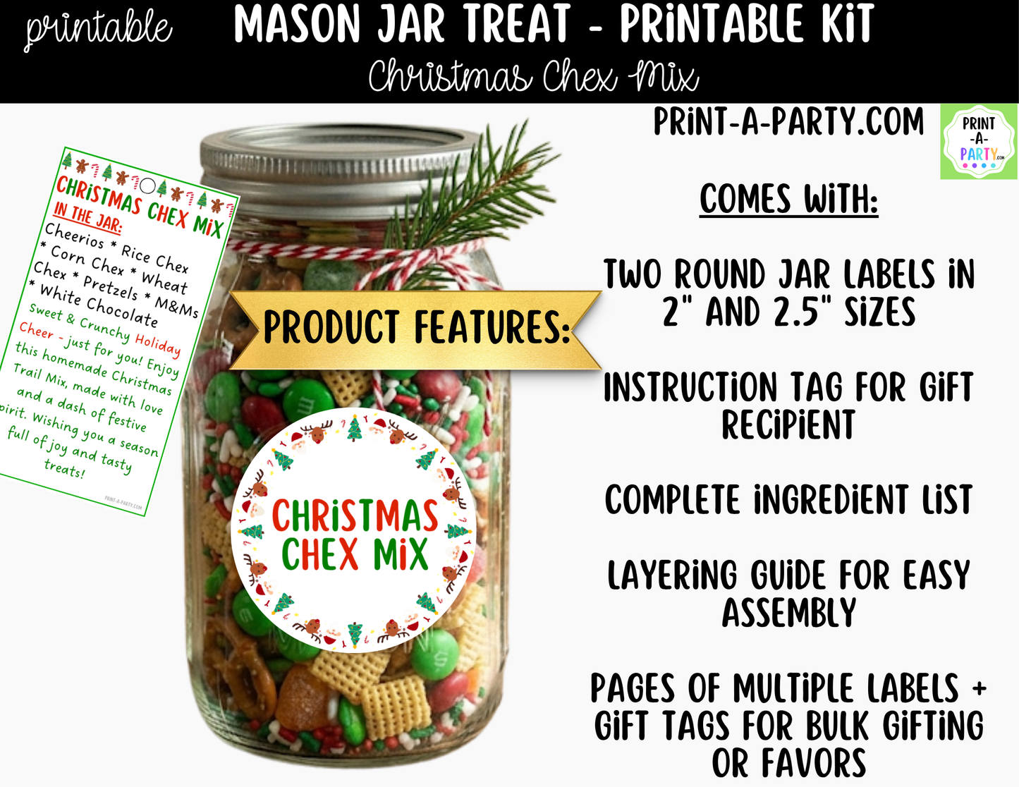 Christmas Chex Mix in a Mason Jar Gift Printable Kit - Labels, Tag, Recipe & Instructions