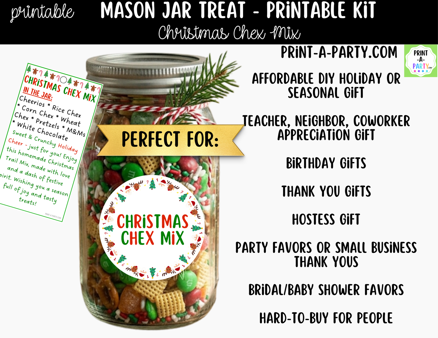 Christmas Chex Mix in a Mason Jar Gift Printable Kit - Labels, Tag, Recipe & Instructions