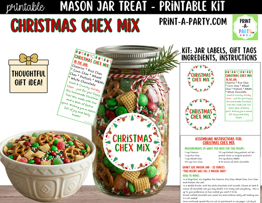 Christmas Chex Mix in a Mason Jar Gift Printable Kit - Labels, Tag, Recipe & Instructions