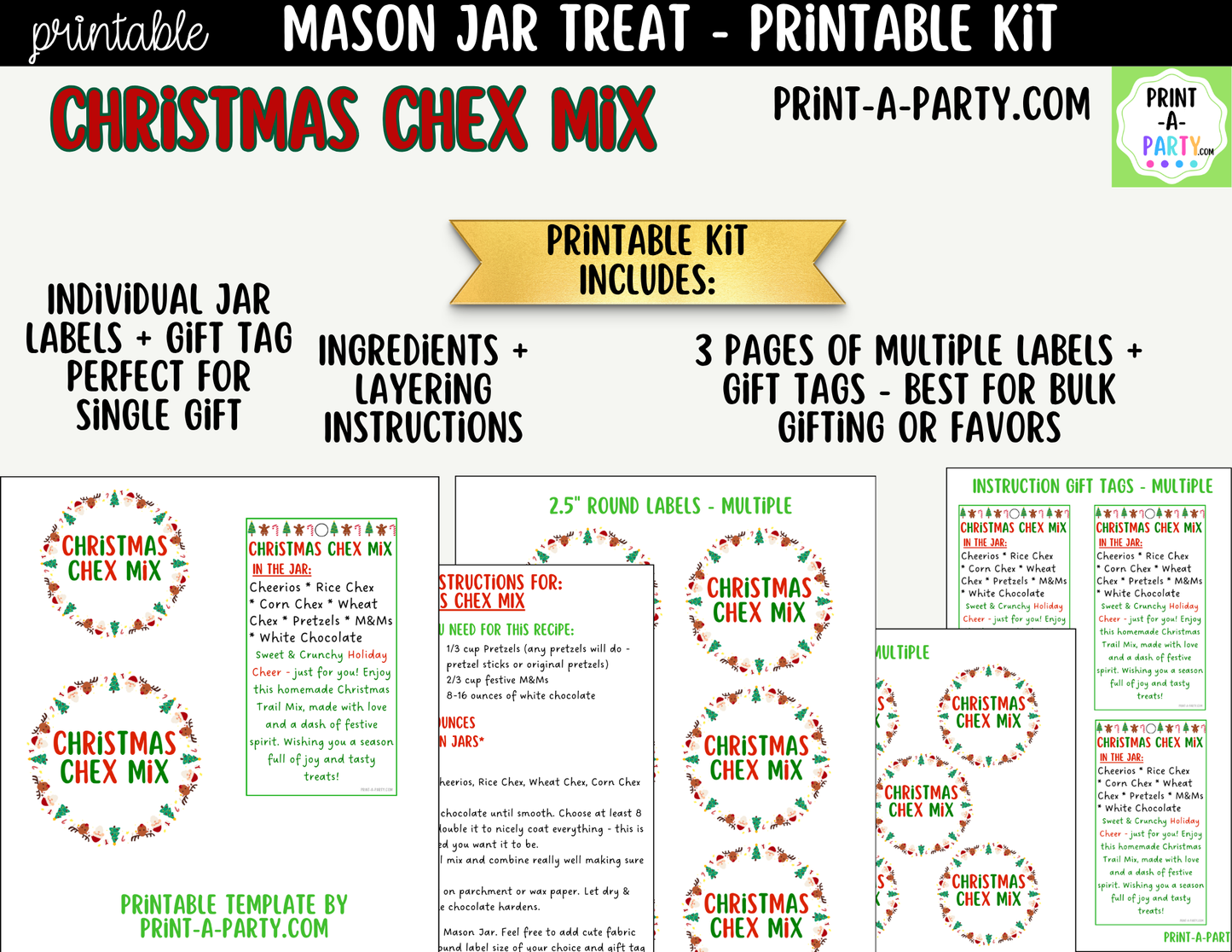 Christmas Chex Mix in a Mason Jar Gift Printable Kit - Labels, Tag, Recipe & Instructions