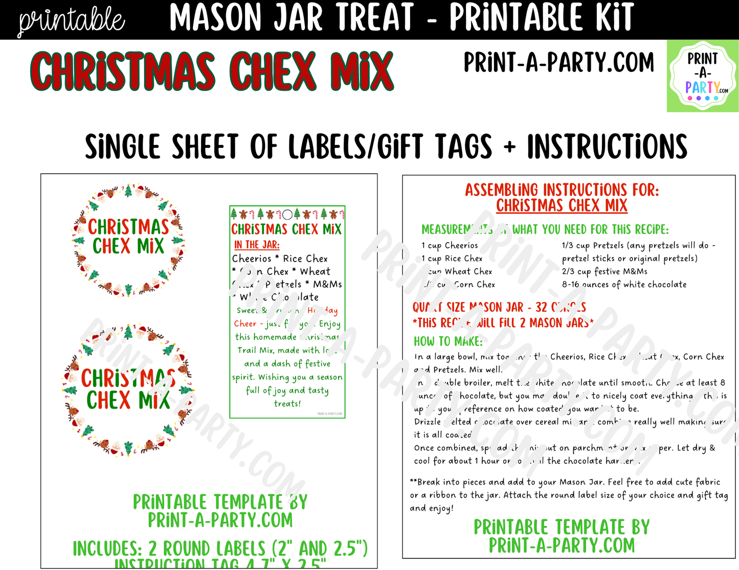 Christmas Chex Mix in a Mason Jar Gift Printable Kit - Labels, Tag, Recipe & Instructions