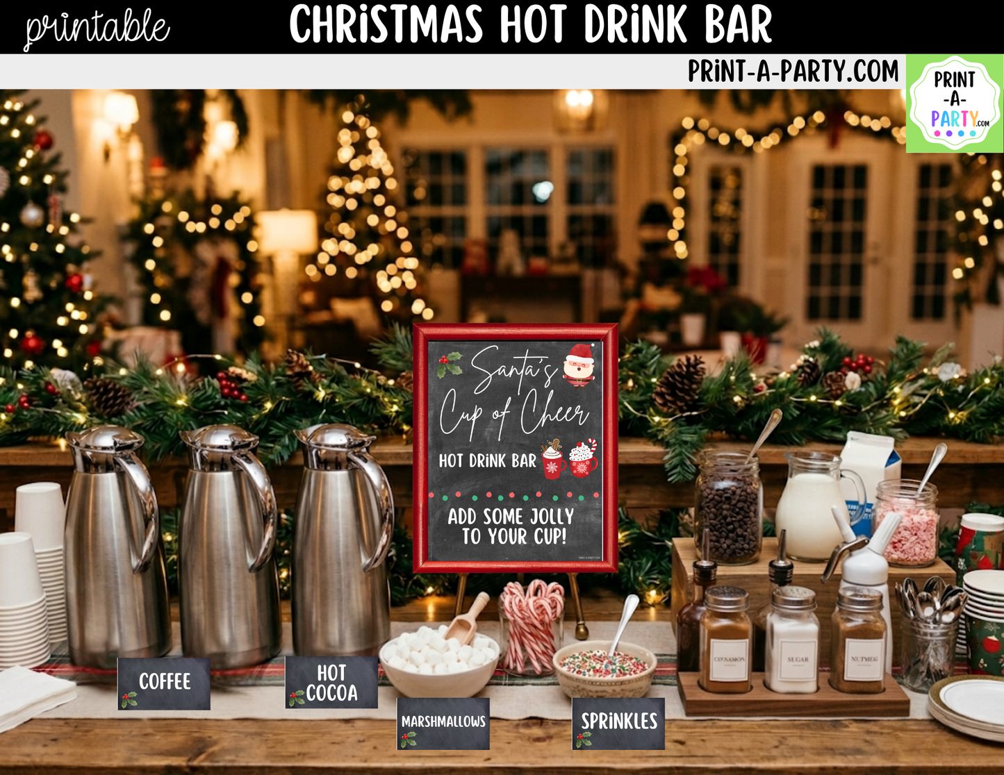 Christmas Hot Drink Bar Sign (8x10) & Topping Tent Cards Printable Holiday Buffet Decor