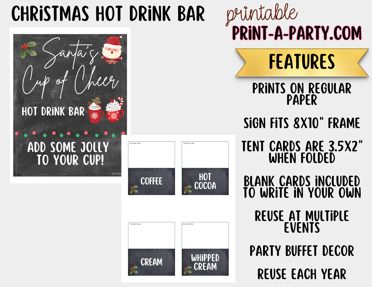 Christmas Hot Drink Bar Sign (8x10) & Topping Tent Cards Printable Holiday Buffet Decor