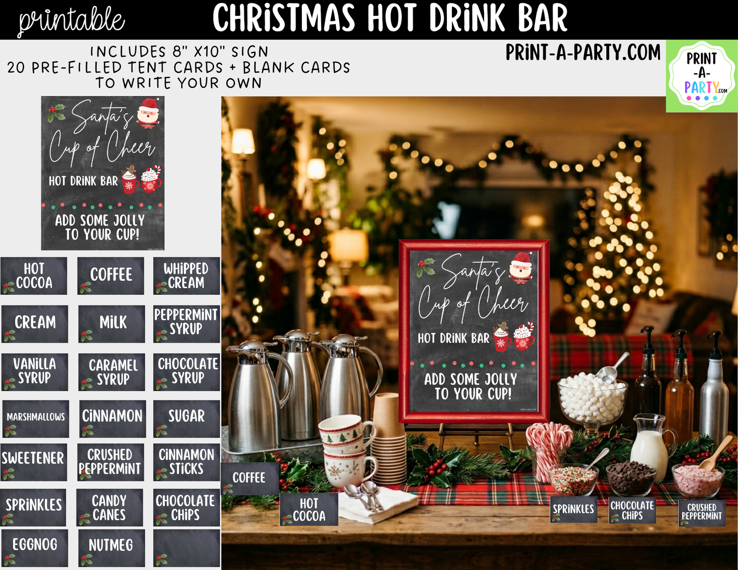 Christmas Hot Drink Bar Sign (8x10) & Topping Tent Cards Printable Holiday Buffet Decor