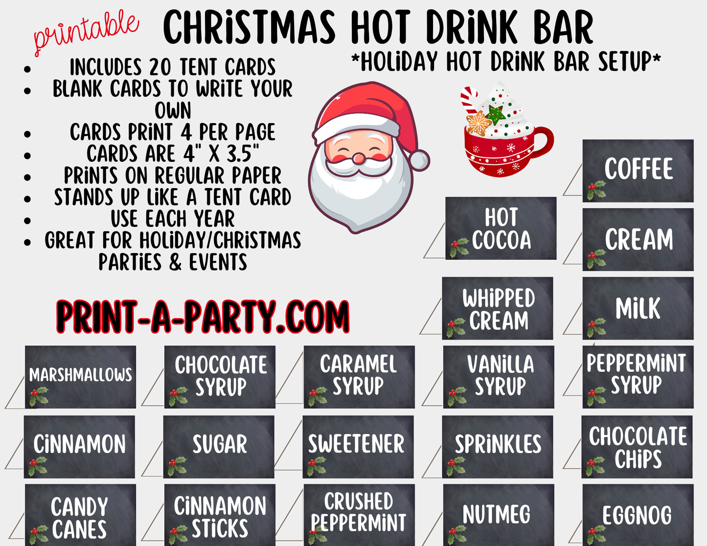 Christmas Hot Drink Bar Sign (8x10) & Topping Tent Cards Printable Holiday Buffet Decor