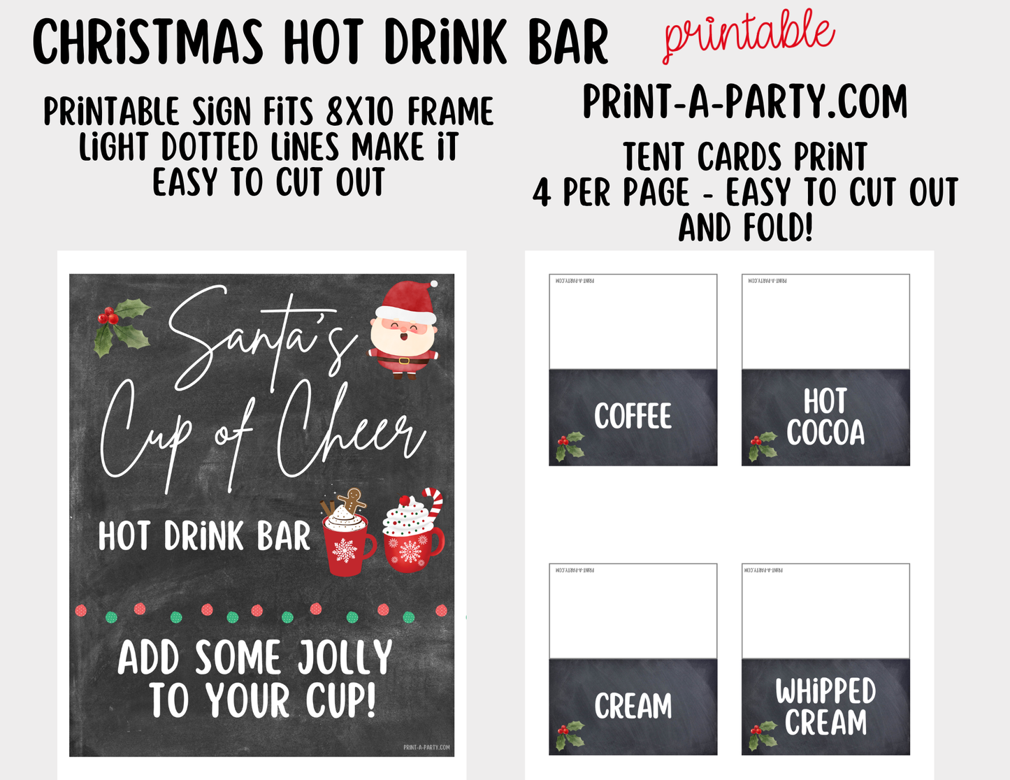 Christmas Hot Drink Bar Sign (8x10) & Topping Tent Cards Printable Holiday Buffet Decor