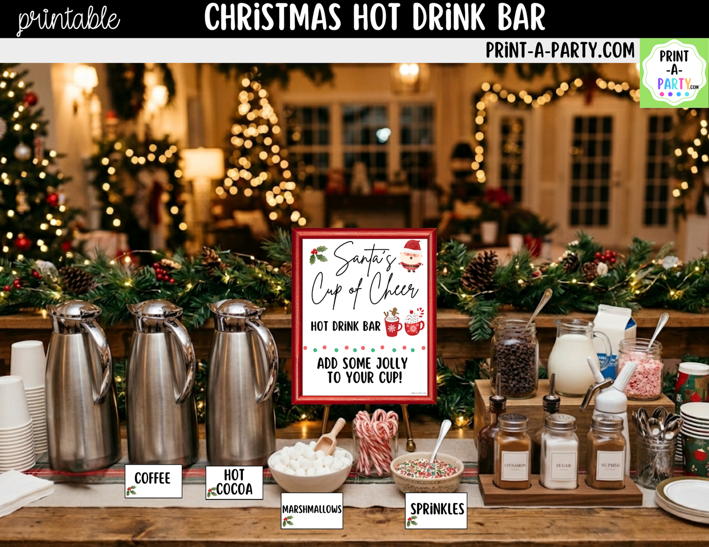 Christmas Hot Drink Bar Sign (8x10) & Topping Tent Cards Printable Holiday Buffet Decor
