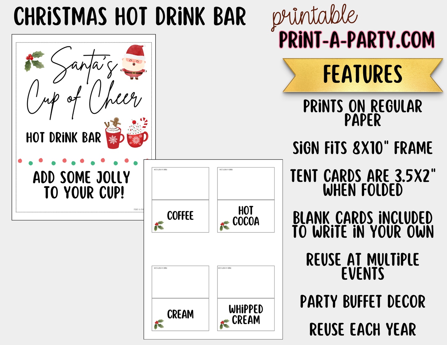 Christmas Hot Drink Bar Sign (8x10) & Topping Tent Cards Printable Holiday Buffet Decor