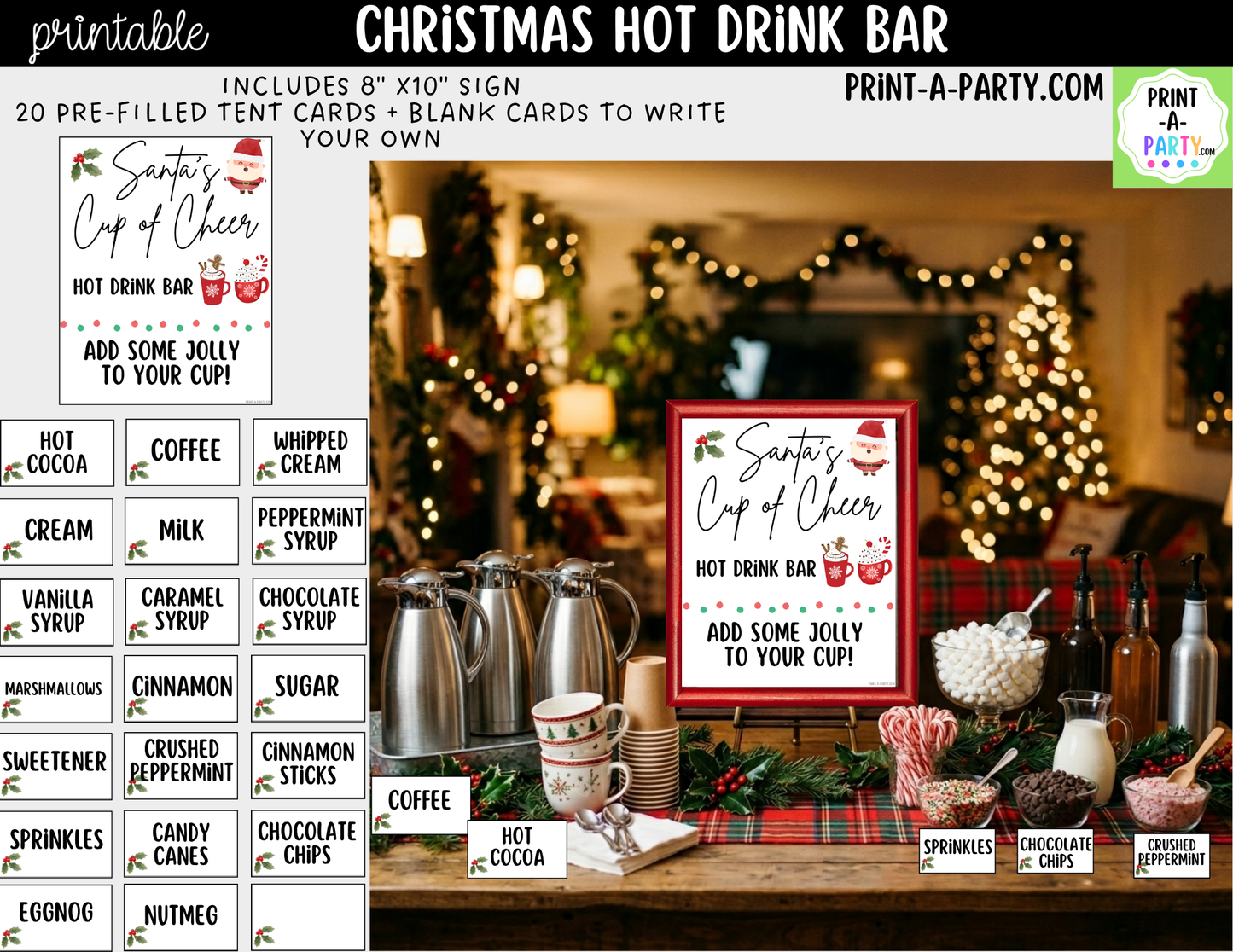 Christmas Hot Drink Bar Sign (8x10) & Topping Tent Cards Printable Holiday Buffet Decor