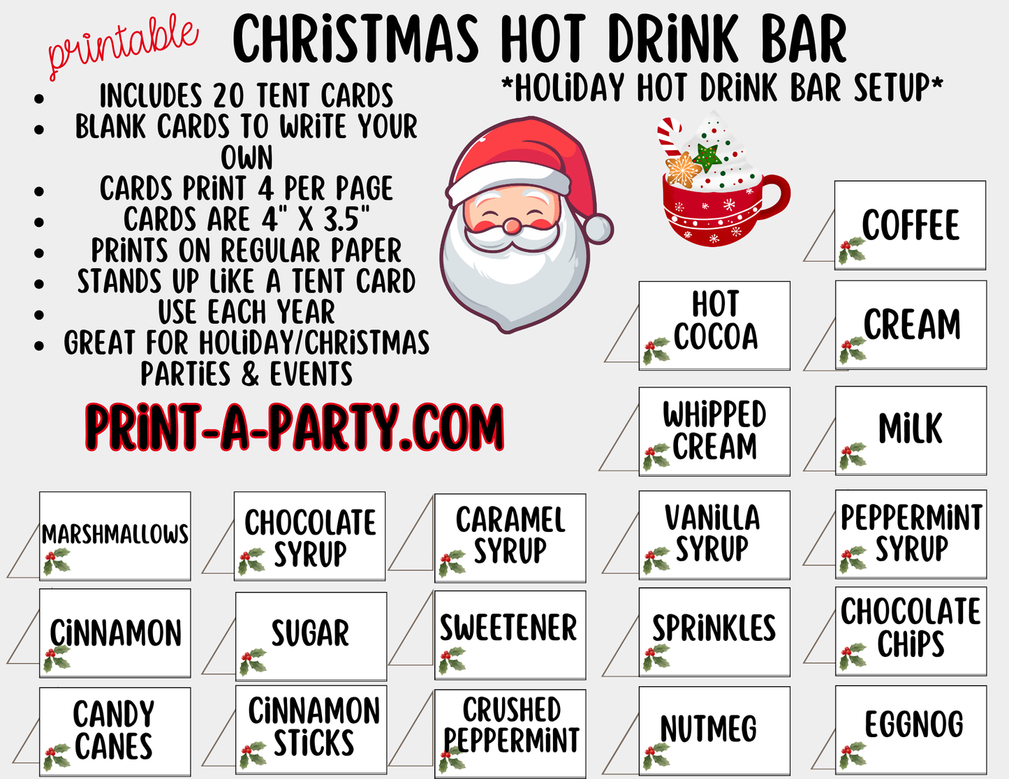 Christmas Hot Drink Bar Sign (8x10) & Topping Tent Cards Printable Holiday Buffet Decor