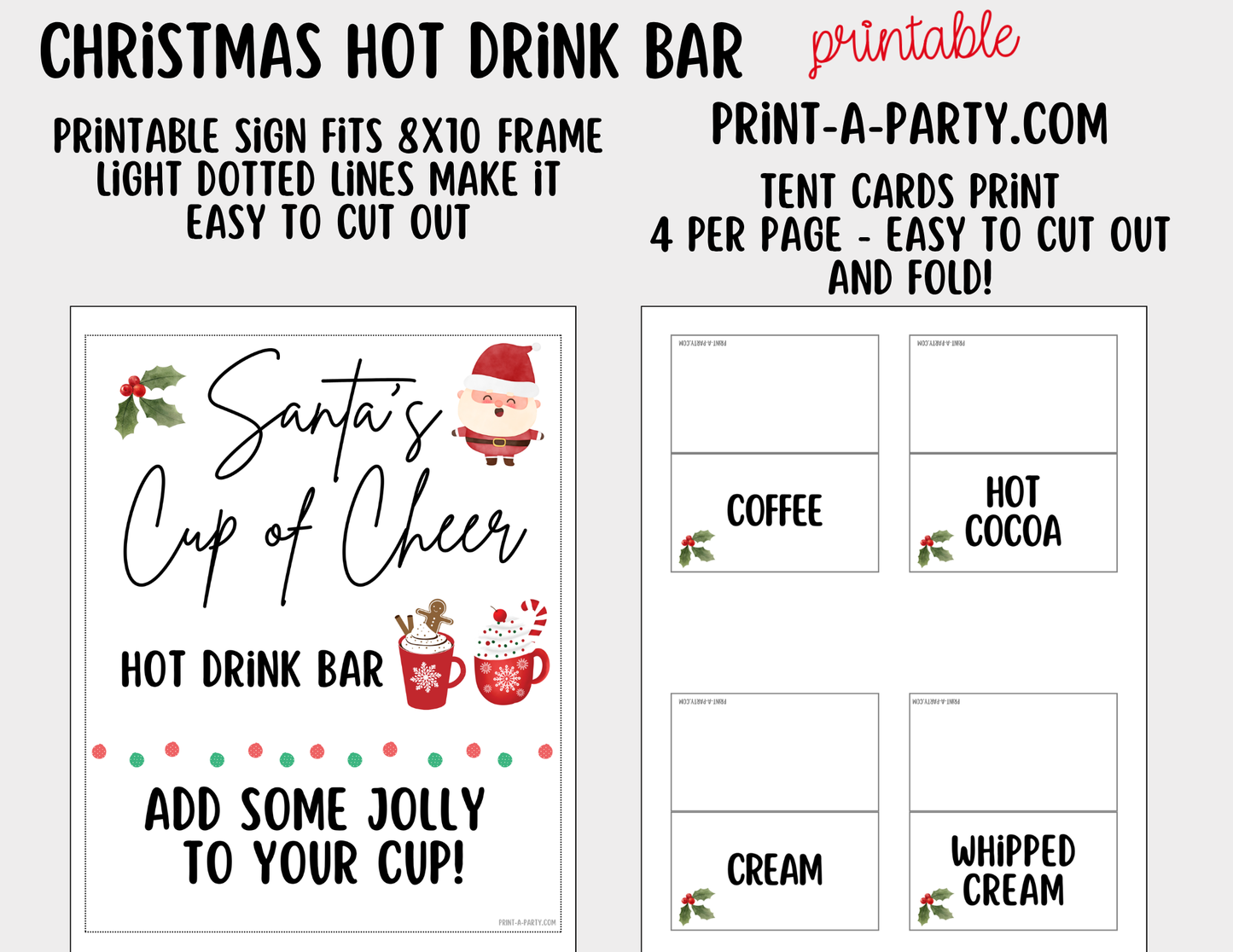 Christmas Hot Drink Bar Sign (8x10) & Topping Tent Cards Printable Holiday Buffet Decor