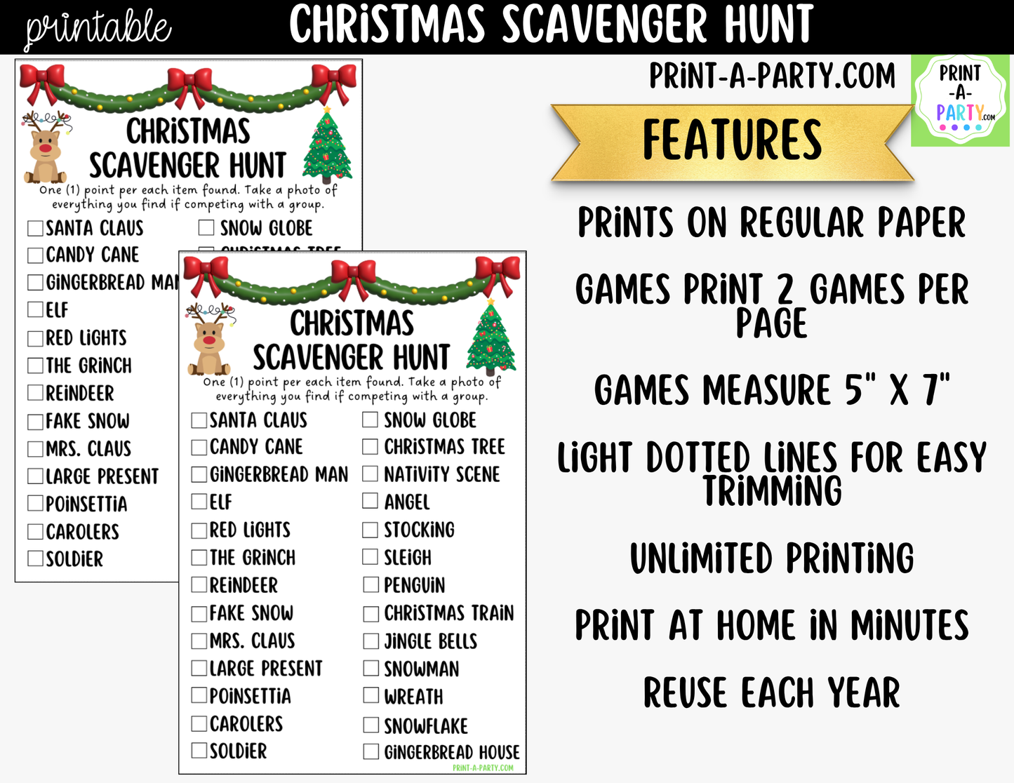 Christmas Scavenger Hunt Printable | Christmas Party Game for Kids | PDF Download