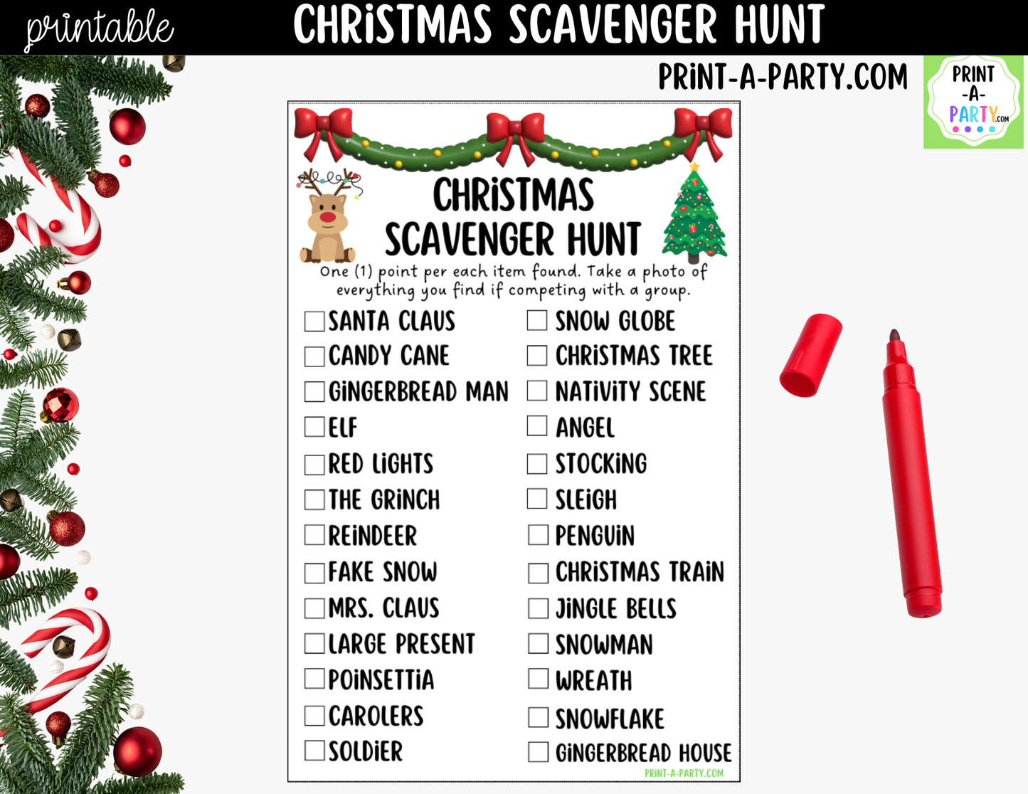 Christmas Scavenger Hunt Printable | Christmas Party Game for Kids | PDF Download