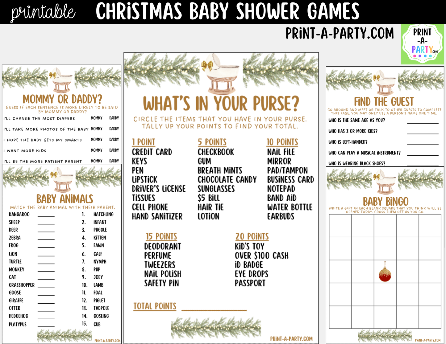 Christmas Baby Shower Games Printable | Holiday Baby Shower Games | Neutral Design 5 Games