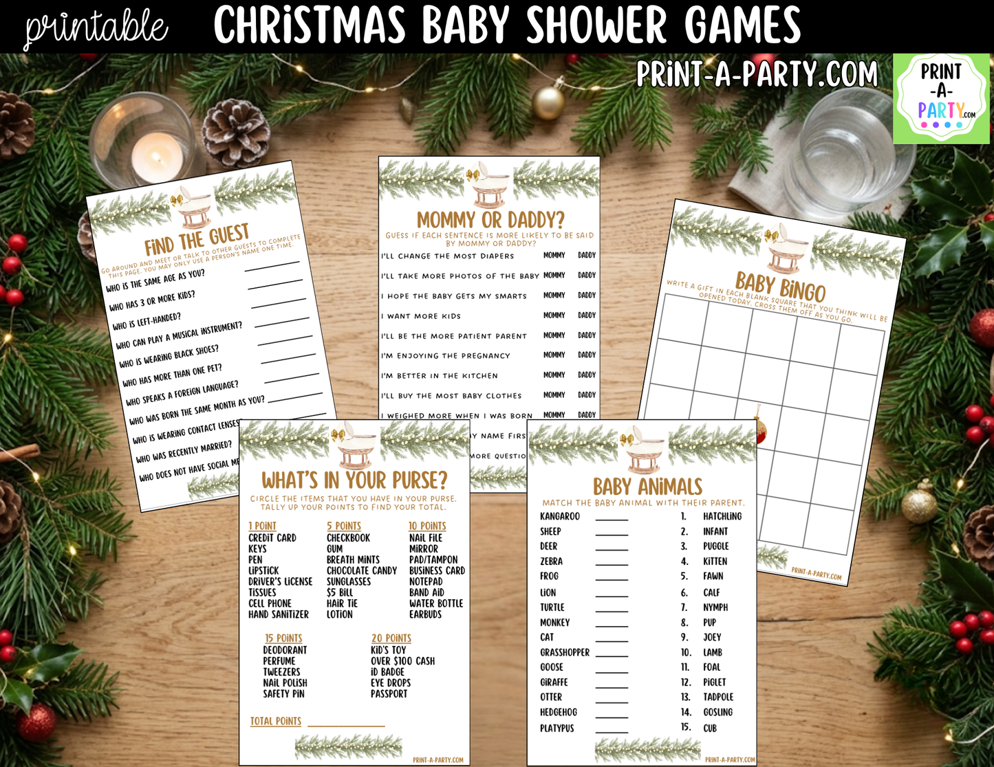 Christmas Baby Shower Games Printable | Holiday Baby Shower Games | Neutral Design 5 Games