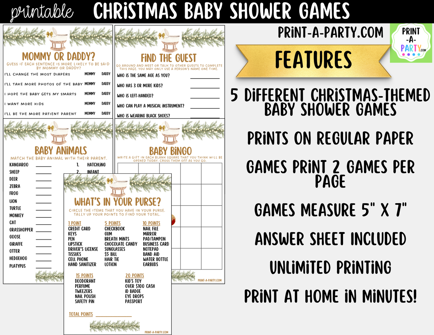 Christmas Baby Shower Games Printable | Holiday Baby Shower Games | Neutral Design 5 Games