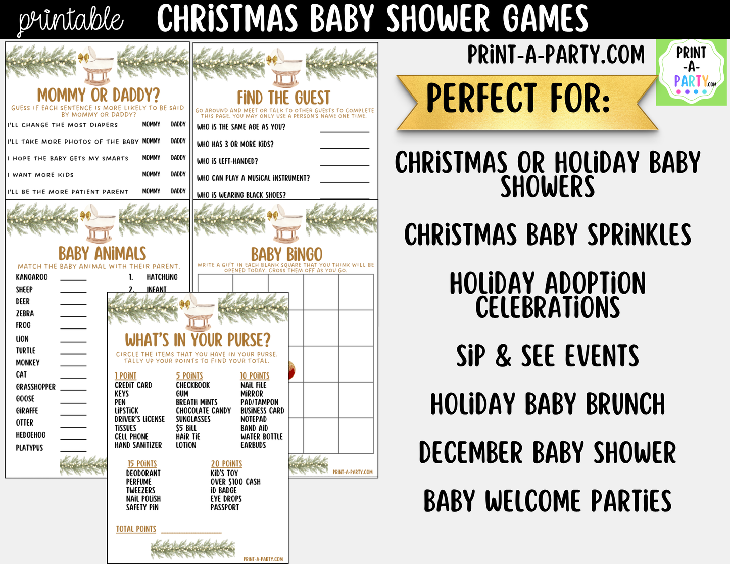 Christmas Baby Shower Games Printable | Holiday Baby Shower Games | Neutral Design 5 Games