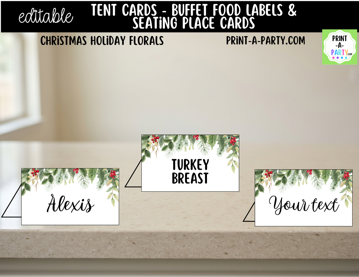 Editable Christmas Floral Buffet Labels & Place Cards for Holiday Parties and Events