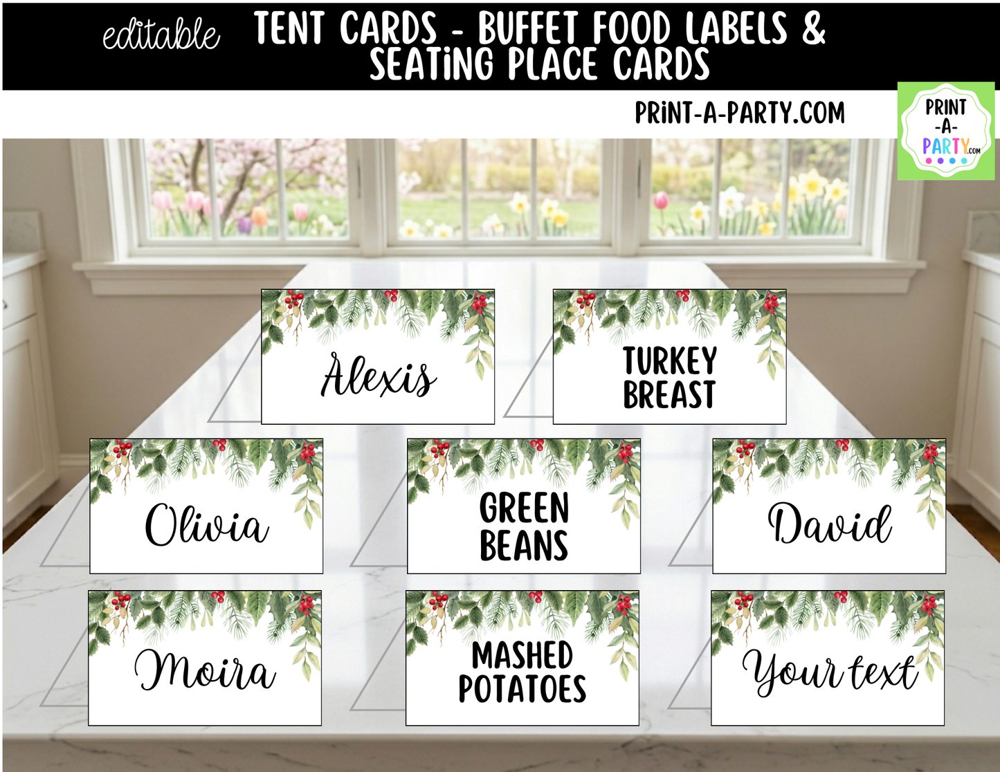 Editable Christmas Floral Buffet Labels & Place Cards for Holiday Parties and Events