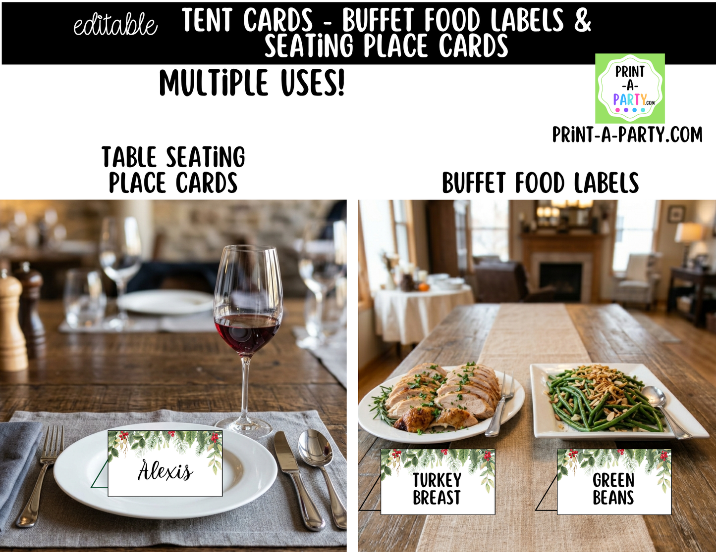 Editable Christmas Floral Buffet Labels & Place Cards for Holiday Parties and Events