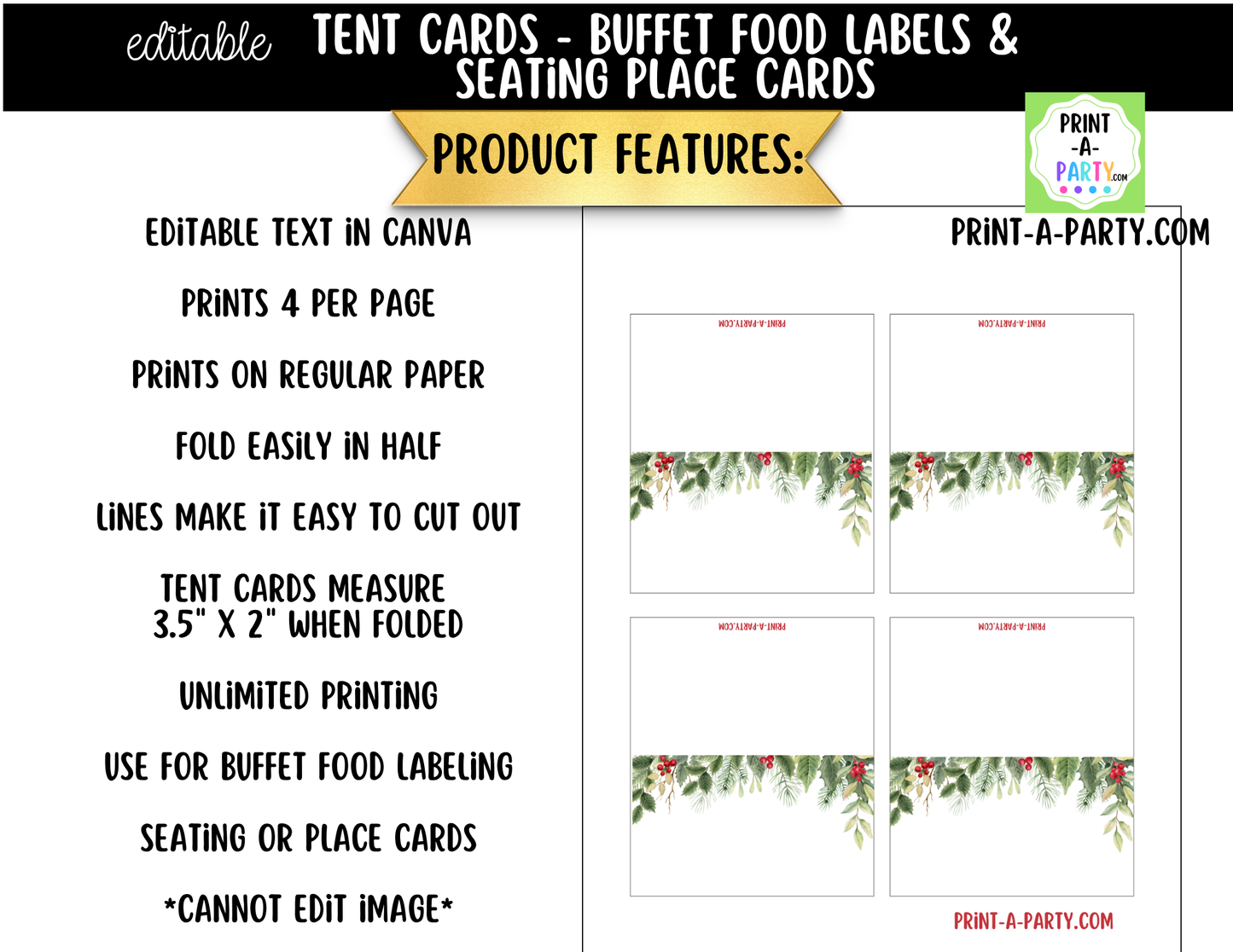 Editable Christmas Floral Buffet Labels & Place Cards for Holiday Parties and Events
