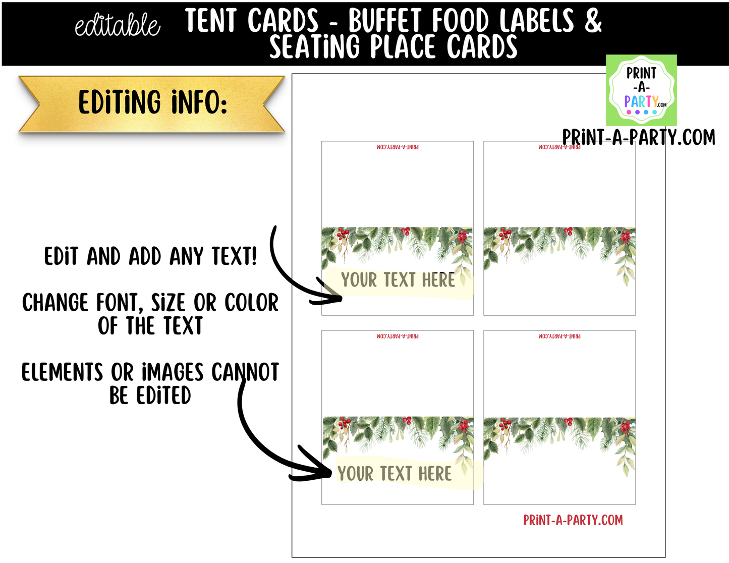 Editable Christmas Floral Buffet Labels & Place Cards for Holiday Parties and Events