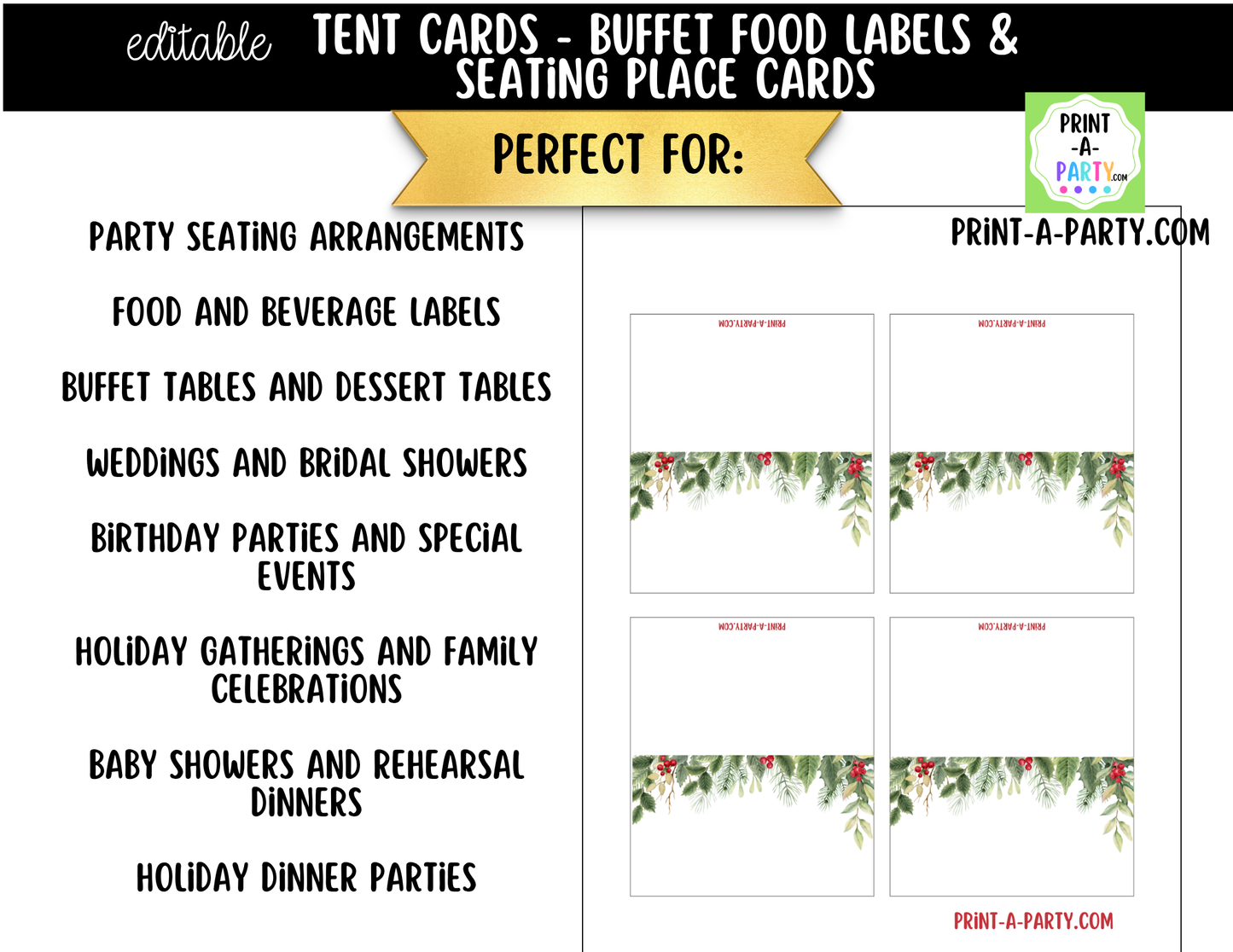 Editable Christmas Floral Buffet Labels & Place Cards for Holiday Parties and Events