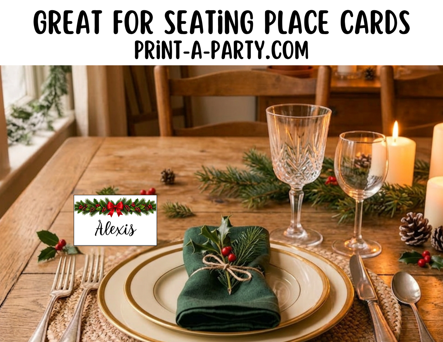 Editable Christmas Wreaths Buffet Labels & Place Cards for Holiday Parties and Events