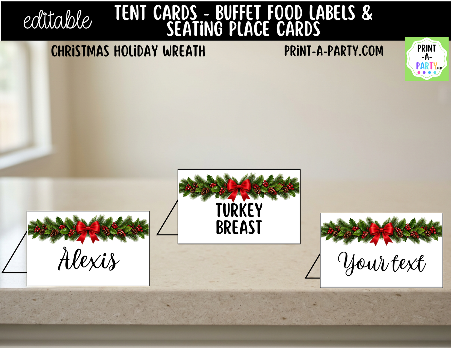 Editable Christmas Wreaths Buffet Labels & Place Cards for Holiday Parties and Events