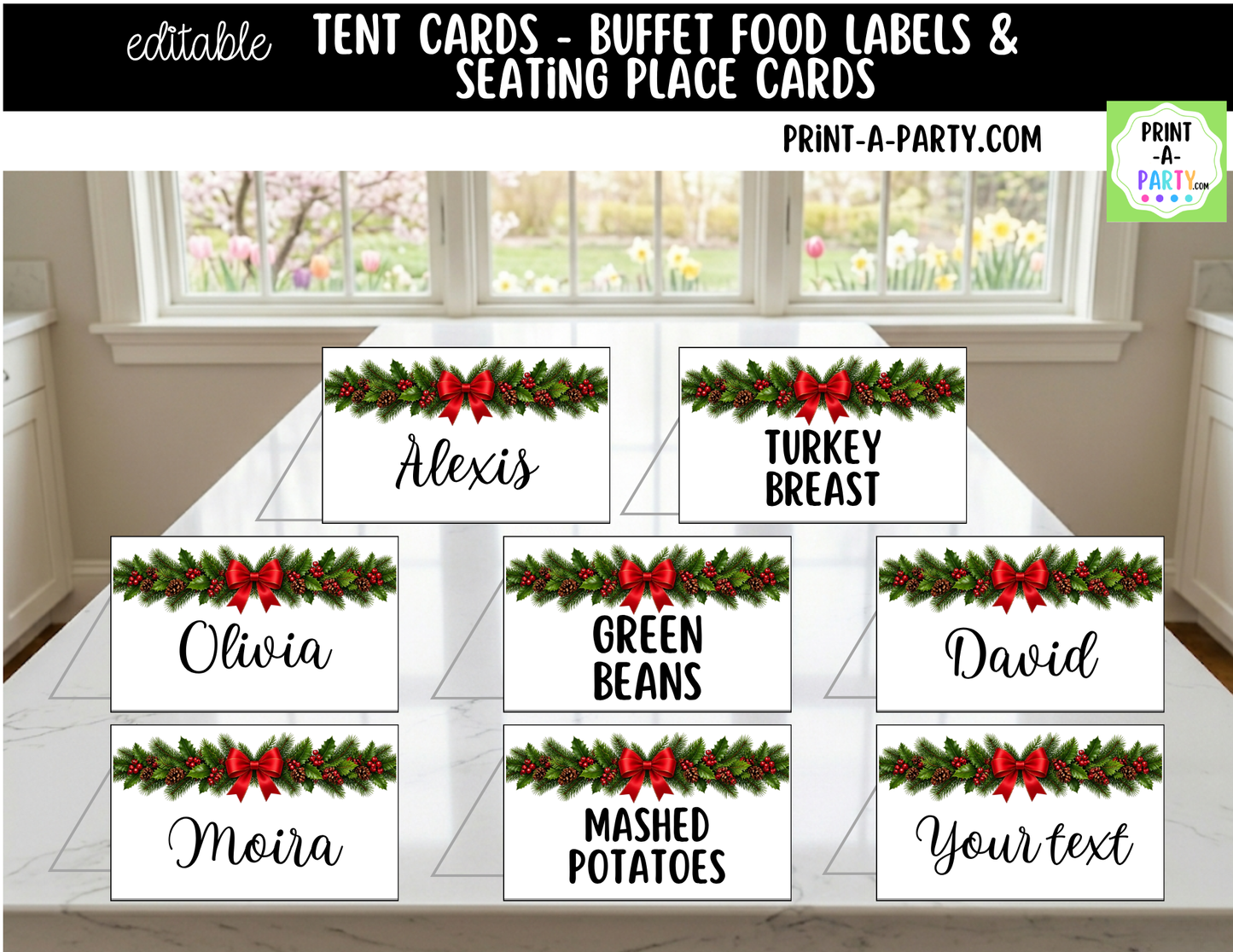 Editable Christmas Wreaths Buffet Labels & Place Cards for Holiday Parties and Events