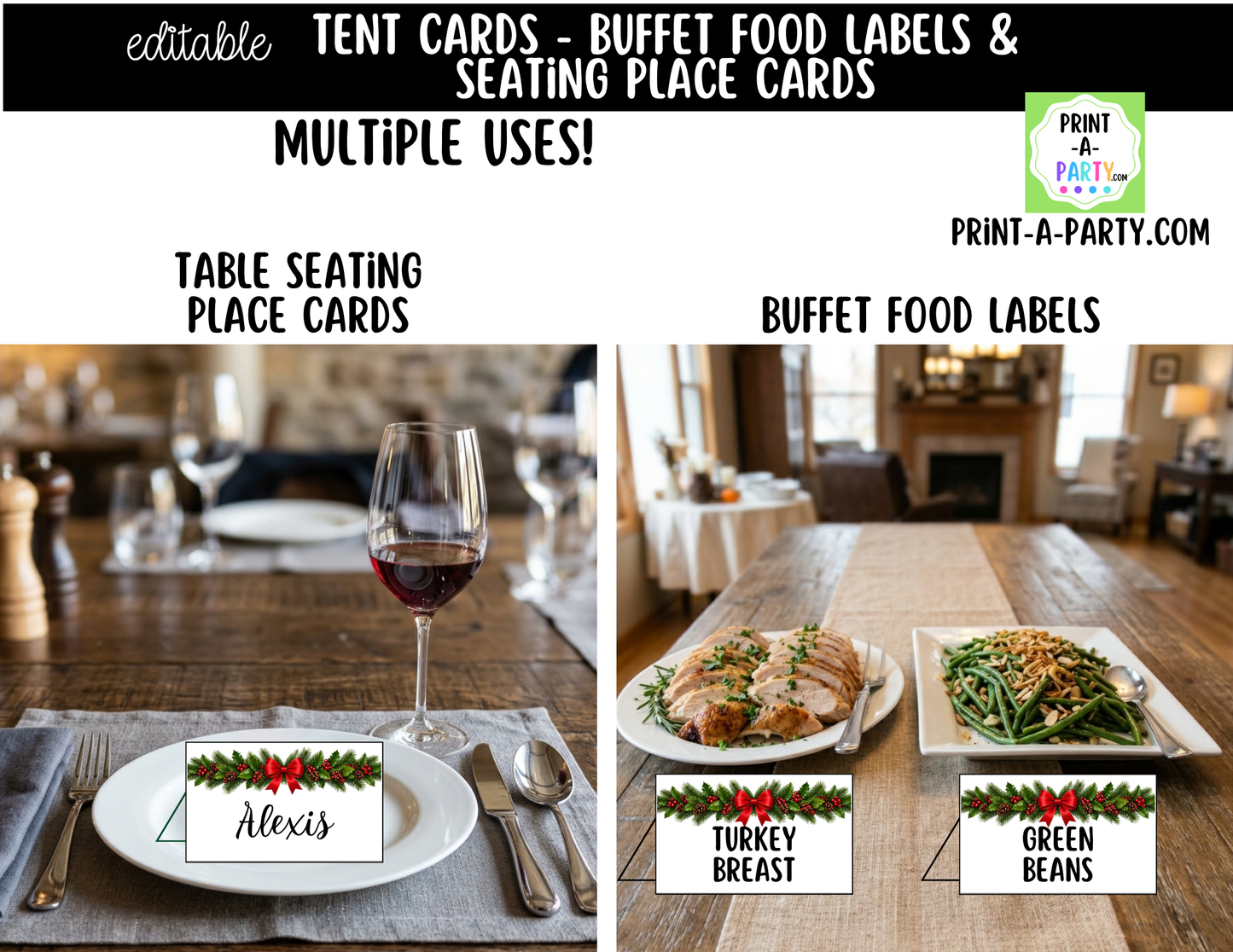 Editable Christmas Wreaths Buffet Labels & Place Cards for Holiday Parties and Events