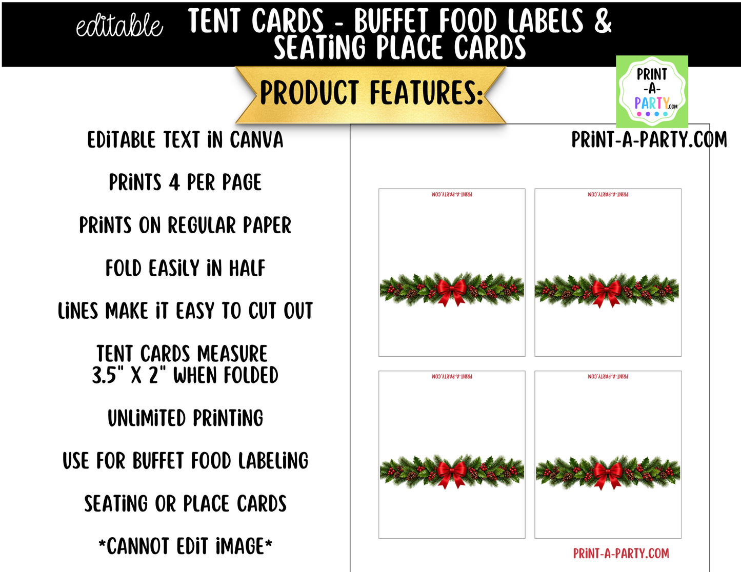 Editable Christmas Wreaths Buffet Labels & Place Cards for Holiday Parties and Events