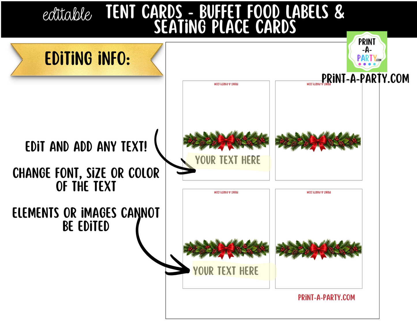 Editable Christmas Wreaths Buffet Labels & Place Cards for Holiday Parties and Events