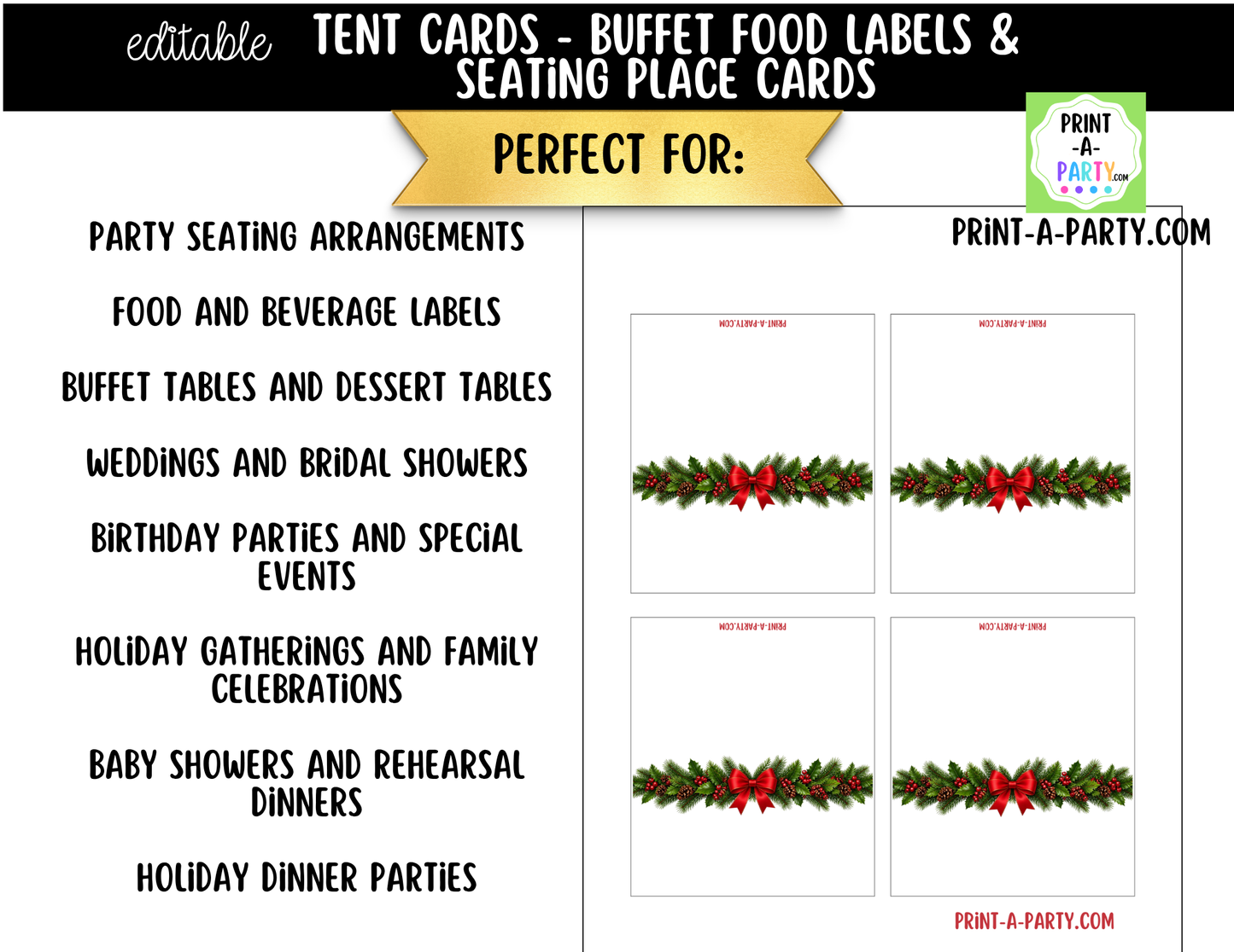 Editable Christmas Wreaths Buffet Labels & Place Cards for Holiday Parties and Events