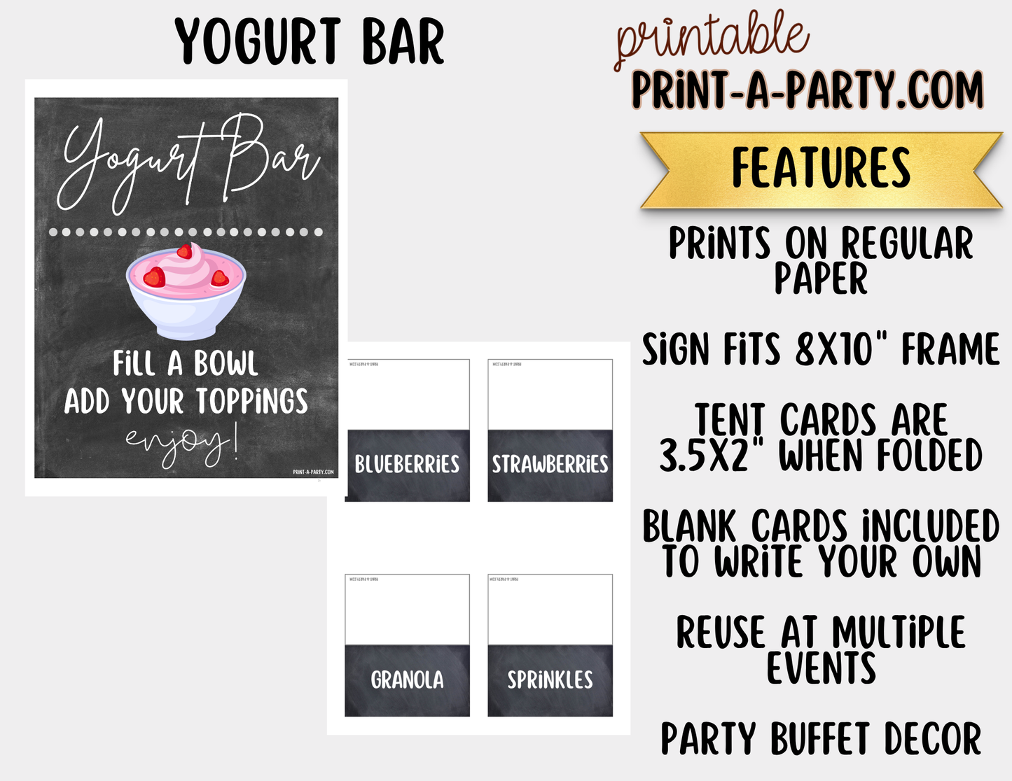 Yogurt Bar Printable Sign (8x10) & Topping Tent Cards – Party Event Decor PDF