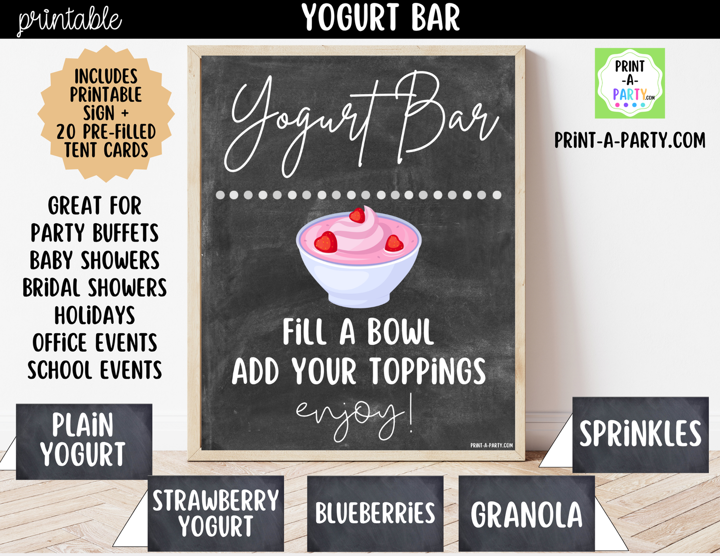Yogurt Bar Printable Sign (8x10) & Topping Tent Cards – Party Event Decor PDF
