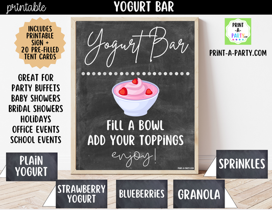 Yogurt Bar Printable Sign (8x10) & Topping Tent Cards – Party Event Decor PDF