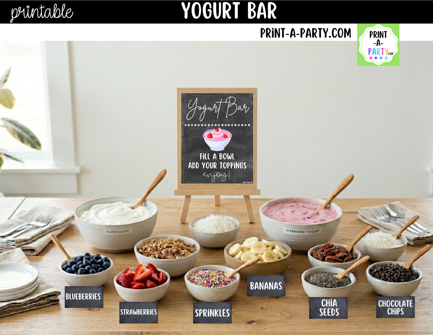 Yogurt Bar Printable Sign (8x10) & Topping Tent Cards – Party Event Decor PDF