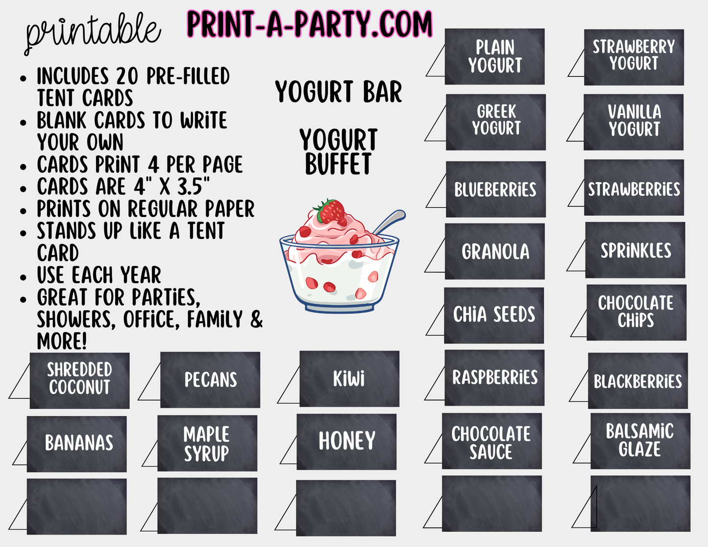 Yogurt Bar Printable Sign (8x10) & Topping Tent Cards – Party Event Decor PDF