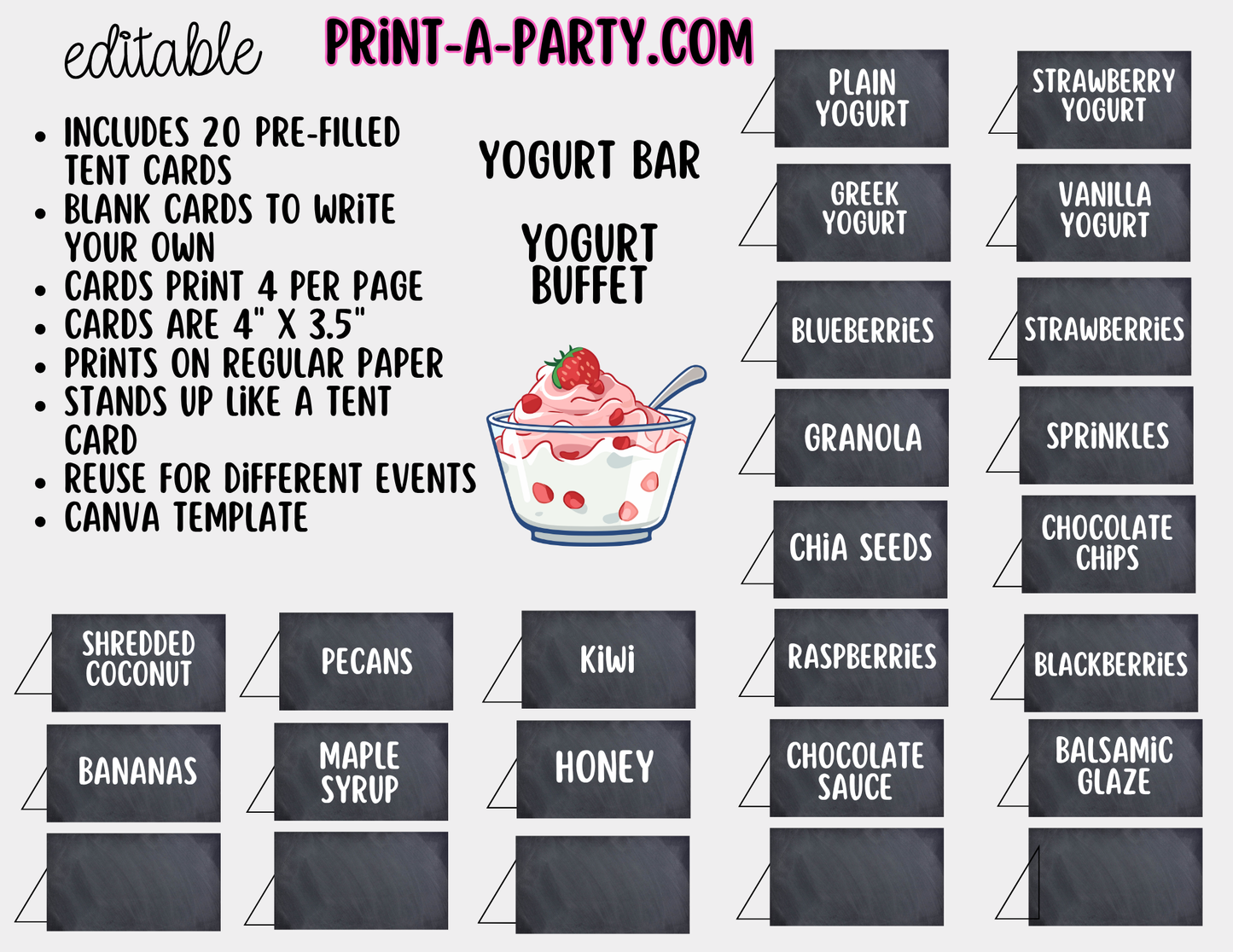 Editable Yogurt Bar Sign (8x10) and Topping Tent Cards Canva Template - Perfect for Parties, Showers and Events