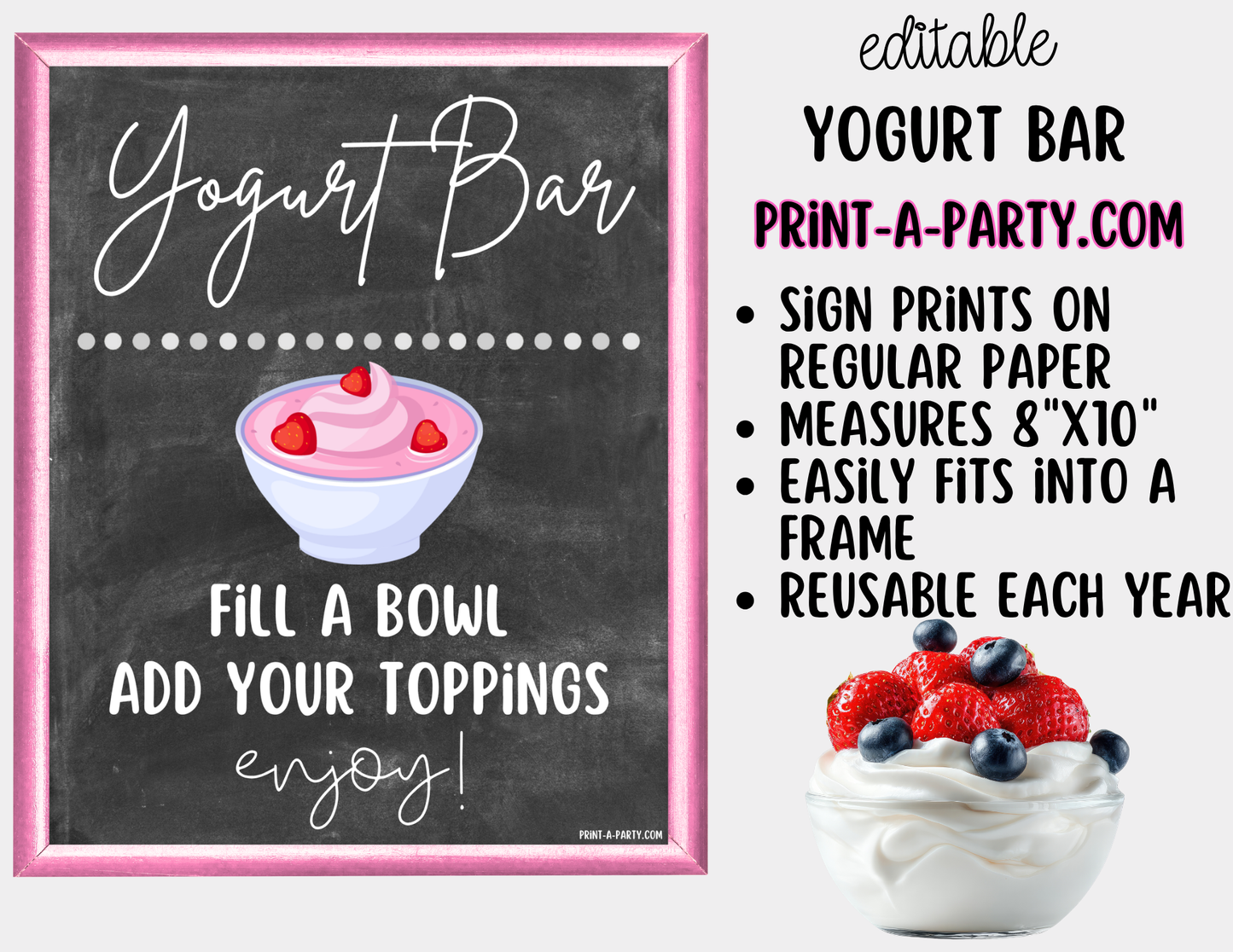 Editable Yogurt Bar Sign (8x10) and Topping Tent Cards Canva Template - Perfect for Parties, Showers and Events