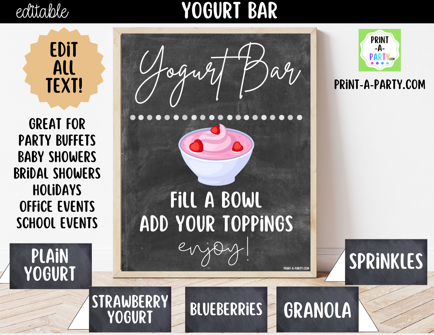 Editable Yogurt Bar Sign (8x10) and Topping Tent Cards Canva Template - Perfect for Parties, Showers and Events