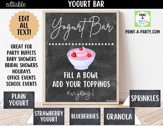 Editable Yogurt Bar Sign (8x10) and Topping Tent Cards Canva Template - Perfect for Parties, Showers and Events