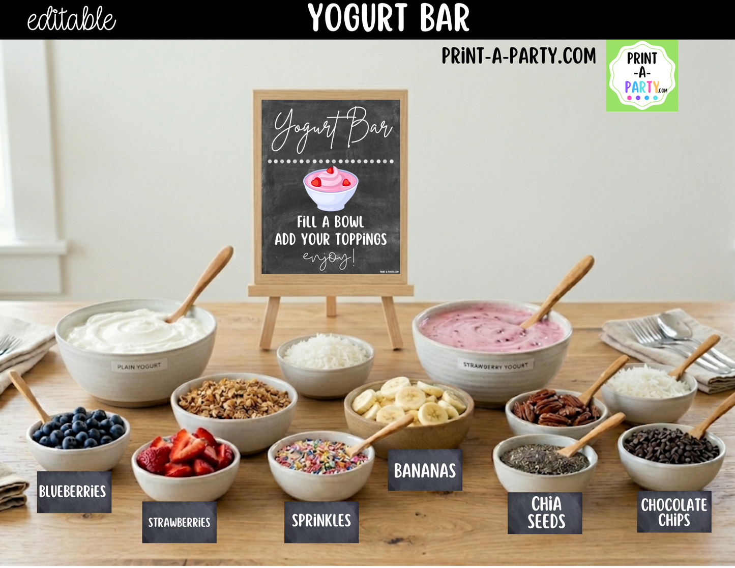 Editable Yogurt Bar Sign (8x10) and Topping Tent Cards Canva Template - Perfect for Parties, Showers and Events