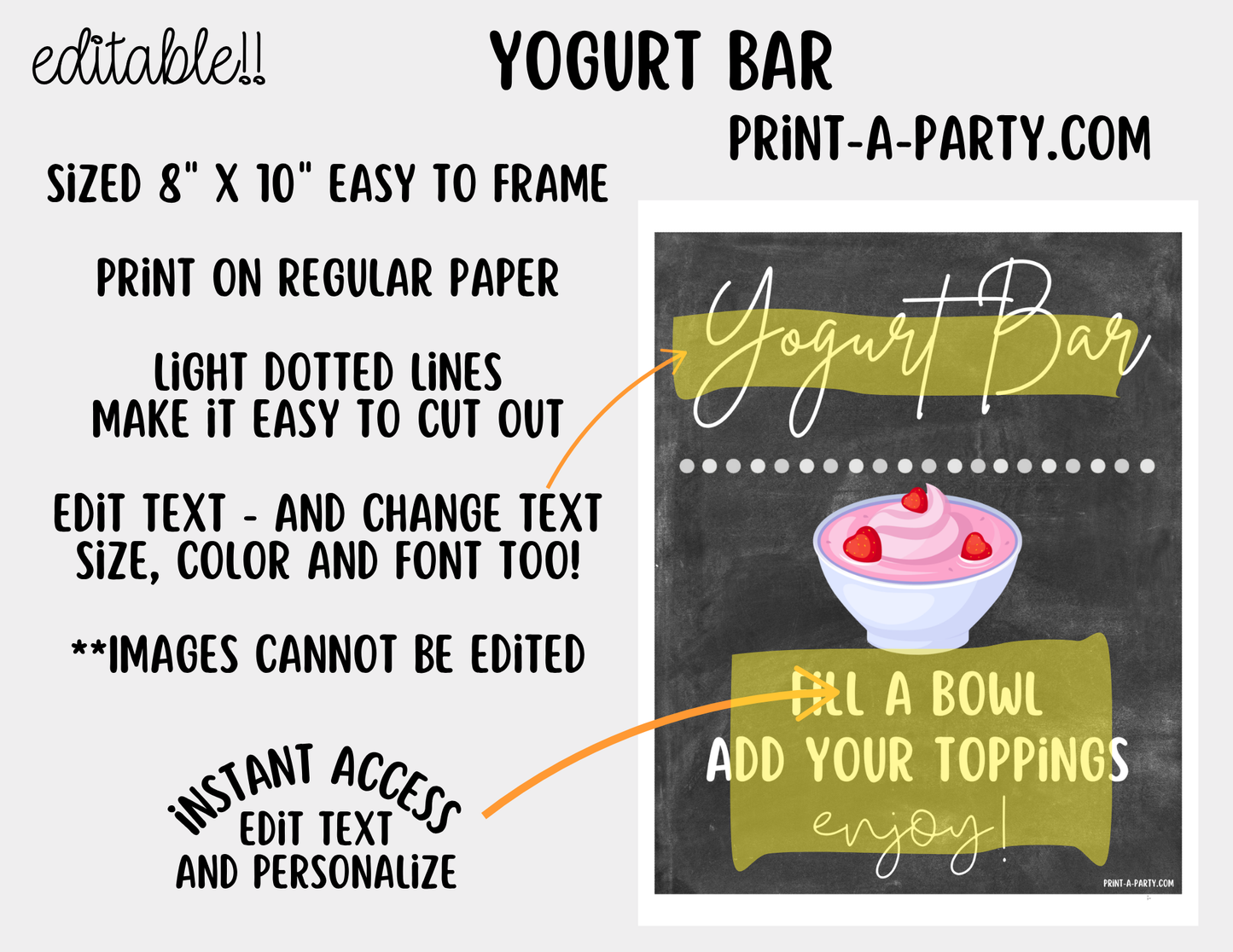 Editable Yogurt Bar Sign (8x10) and Topping Tent Cards Canva Template - Perfect for Parties, Showers and Events
